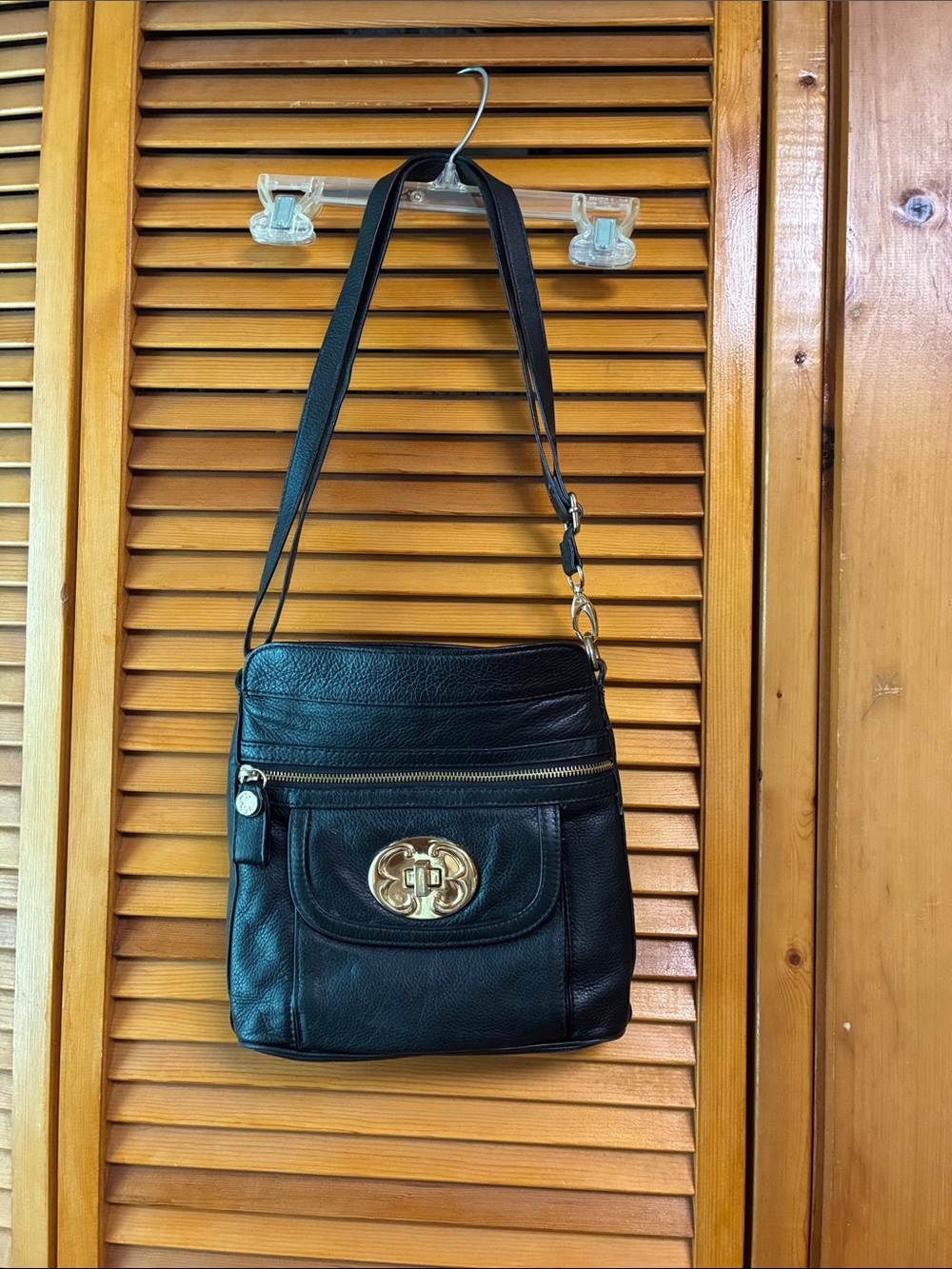 Emma Fox Black Leather Crossbody with Gold Turn-Lock Detail length 11” high 10”